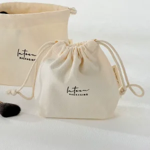 Luxury Jewelry Eco Friendly Custom Stand Cosmetic Gift Packaging Cloth White Beige Drawstring Pouch Recycled Cotton Dust Bag