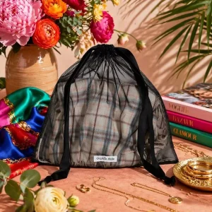 Luxury Organza Clothing Packaging Drawstring Pouch with Fabric Label Custom logo Organza Wig Hat Pillow Storage Drawstring Bag