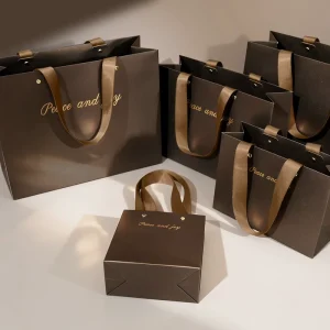 Luxury Pearl Brown Paper Bag Custom Logo No Minimum Order Hot Stamping Metallic Finish Reusable Ribbon Supermarket Promotion