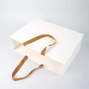 Luxury White Biodegradable Kraft Paper Tote Shopping Bag Flexo Printed Spout Top Ribbon Custom Promotion Supermarket Clothes