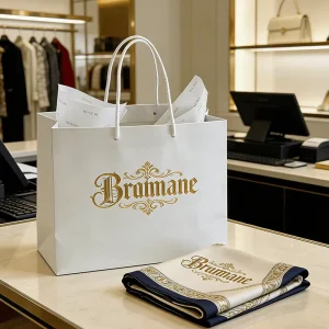 Luxury White Gift Paper Bags with Gold Foil Logo Print Twisted Rope Handle and Matching Branded Tissue Paper for Clothing Brand