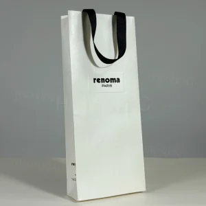 Luxury Wine Gift Bag White Cardboard with Black Hot Stamping Logo Elegant Bottle Carrier Paper Bag for Wedding Party