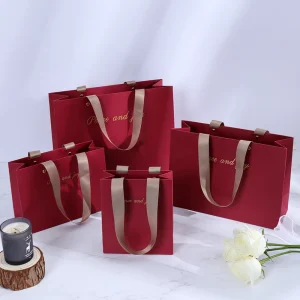 Luxury Wine Red Paper Bags Custom Logo Reusable Ribbon Handle Supermarket Exhibition Promotion No Minimum Order Premium Virgin