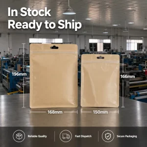 MOQ 1 Pack Ready made Transparent Front & Kraft Paper Back Zipper Bag With Hanging Hole