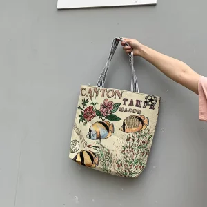 Malaysia Thailand Style Distinctive Embroidered Woven Straw Floral Pattern Women’s Canvas Tote Shoulder Bag