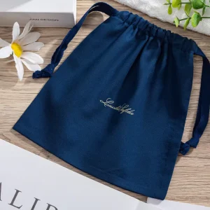 Manufacturer Dark Blue Recyclable Velvet Drawstring Bag High End Customized Size Storage Dust Bag Gold Stamping Logo
