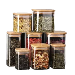 Manufacturer High Borosilicate Square Glass Sealed Jars Bamboo Wood Cover Silk Screen Printed Food Grain Tea Storage