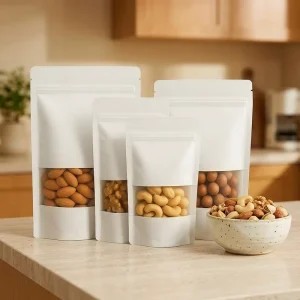 Manufacturer Stand up Kraft Paper Bag with Clear Window Zipper for Food Flour Nut Rice Tea Spices