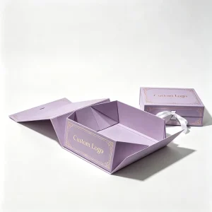 Matte Lilac Foldable Rigid Box Embossed European Frame Pattern Hot Foil Logo Ribbon Closure Gift Box