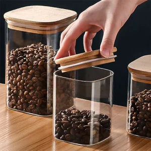 Microwavable Square Airtight Borosilicate Glass Jars Bamboo Lids Grade Kitchen Canisters Flour Sugar Spice