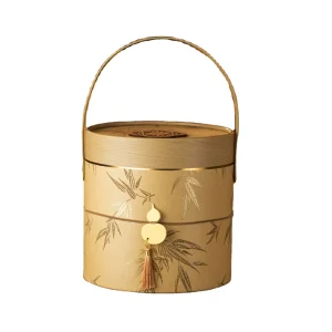 Mid-Autumn Festival Chinese Round Gift Box Bamboo Printing Golden Cylinder with Handle Custom Pastry Snack Packaging