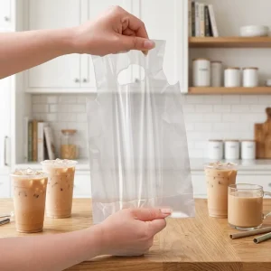 Milk Tea Clear Plastic Bags with Handles Transparent Plastic Bag with Handle Custom Clear Plastic Die Cut Handle Plastic Bags