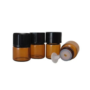 Mini Amber Glass Vials 1ml 2ml 3ml 5ml for Essential Oils with Black Screw Cap Plastic Orifice Reducer Stopper