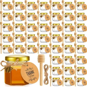 Mini Glass Honey Jars 50pcs Hexagon with Wood Dipper Bee Pendants Screw Cap Lids 45ml Capacity Wedding Party