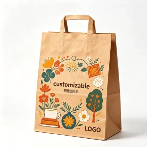 Minimal Botanical Drawing Kraft Gift Bag Double Side Illustration Printing Hot Stamped Logo for Florist Organic Cosmetic Packing
