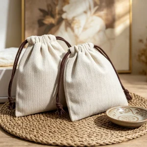 Minimal Style Recyclable Drawstring Herringbone Decorative Craft Bag with Custom Logo Cotton Linen Dust Bag