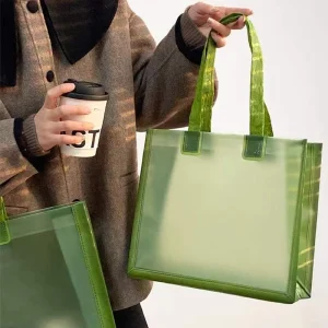 Minimalist Frosted Green PVC Tote Bag Matte Translucent Olive Shopping Handbag for Women Work Daily Travel Custom Logo Low MOQ
