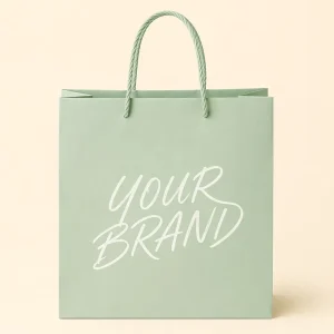 Minimalist Sage Green Paper Shopping Bag with Custom Logo and Rope Handles for Beauty Gift Retail Packaging