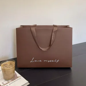 Minimalist Solid Color Paper Gift Bags Luxury Ribbon Handle Shopping Tote Bags for Boutique Packaging