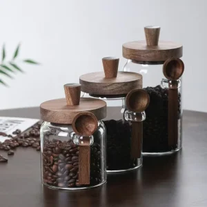 Minimalist Style Coffee Bean Storage Jar Airtight Glass Canister with Acacia Wood Handle Lid and Spoon