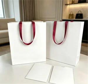 Minimalist White Biodegradable Durable Eco Friendly Kraft Paper Shopping Bag for Custom Branding Corporate Gifts Weddings