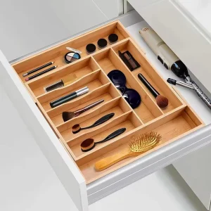 Modern Bamboo Silverware Organizer Expandable Drawer Tray for Kitchen Utensils and Flatware for Living Room
