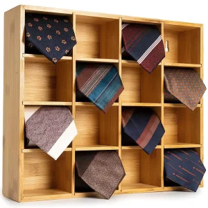 Modern Bamboo Tie Storage Box Organizer Rectangle Wooden Tie Rack Wall Mounted Multifunction Features for Men