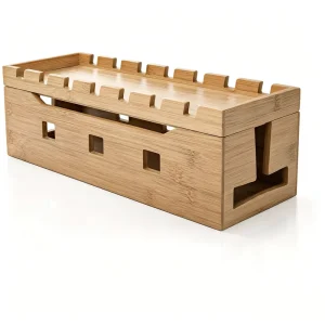 Modern Bamboo Wood Rectangle Cable Management Box with Power Strip Storage Data Cable Organizer & Cord Hider for Desktop