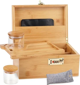 Modern Bamboo Wooden Stash Organizer Box Rolling Tray Smell Proof Storage Handle Acacia Container for Smoking Food Toys