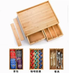 Modern Design Bamboo Double Drawer Multi Purpose Storage Box for Tea Room Coffee Machine Seasconditioning Bag Straw Finishing