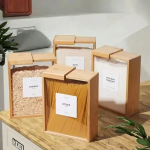 Modern Design Bamboo Wood Rectangular Kitchen 3L Food Dispenser with Lid for Storing Grains Rice Flour Snacks and Candies