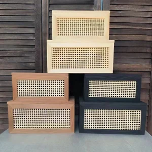 Modern Eco Friendly Rectangle Wood Storage Boxes Woven Bamboo Rattan Carved Design Sundries Storage Wooden Frame