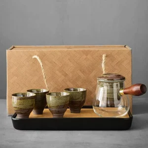 Modern Glass Tea Set with Wooden Side Handle Ceramic Cups Bamboo Tray Kraft Gift Box for Home Office Travel Corporate Gift