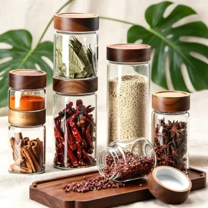Modern Home Kitchen Party Sealed High Borosilicate Empty Food Storage Glass Jars Spiral Grooved Bamboo Acacia Wood Lid