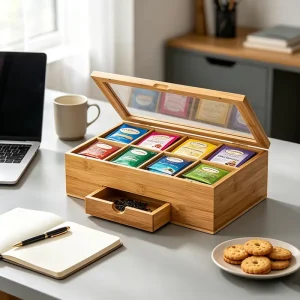 Modern Large Bamboo 2 Layer Multifunction Tea Storage Box with Laser Logo Rectangle Chest Organizer for Tea Bags