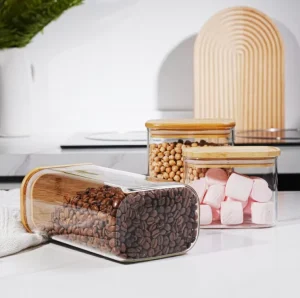 Modern Rectangle Food Storage Glass Canisters with Bamboo Lids