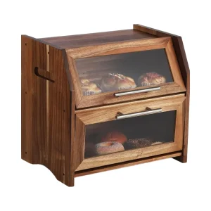 Modern Rustic Brown Acacia Wood Bamboo Double Layer Bread Box Customizable Countertop Bread Container Clear Kitchen Party