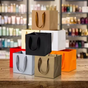 Multi Color Plain Kraft Paper Shopping Bag Small Paper Carrier Bag with Ribbon Handle for Boutique Wrap