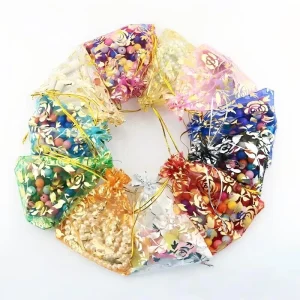 Multi Color Rose Sheer Mesh Drawstring Bag Hot Stamping Rose Organza Pouch for Party Favor Pouch Small Gift Packaging