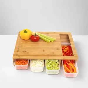 Multi Piece Set of Bamboo Cutting Boards with Storage Compartment for Kitchen Chopping and Meal Preparation