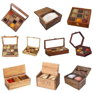 Multi Shape Wooden Spice Box Hexagonal Rectangular Acacia Wood Seasoning Storage Organizer With Lid for Kitchen Spices