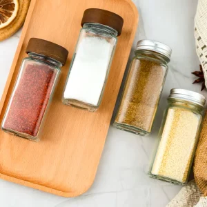 Multi Size Square Glass Seasoning Bottle Wooden and Metal Lids for Salt Pepper Powder Storage