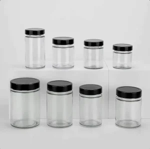 Multi Size Straight Sided Clear Glass Jar With Black Screw Lid Food Grade Glass Sauce Jar for Jam Honey Chili Sauce Preserve