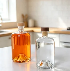 Multi Sizes Clear Flat Shoulder Glass Bottles with Natural Wood Stopper Empty Decanter Jars for Whiskey Wine
