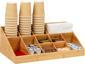 Multi functional Kitchen Countertop Wooden Cup Organizer Bamboo Coffee Station for Coffee Bar