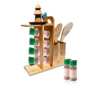 Multifunction Kitchen Wooden Bambou Spice Holder Rack Freestanding with Spoon Holder for Organizer