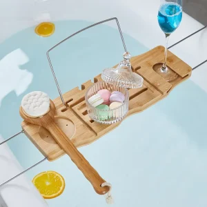 Multifunctional Bathroom Storage Rack 1PC Adjustable Bamboo Bathtub Tray Non Slip Bath Table Bathroom Tray for Relaxation