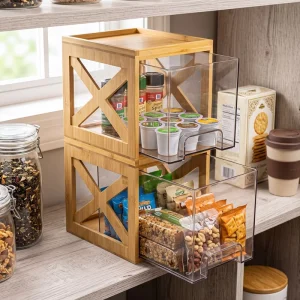 Multifunctional Natural Bamboo Snack Organizer for Pantry Stackable Cabinet Storage Box with Acrylic Drawers for Kitchen Cabinet