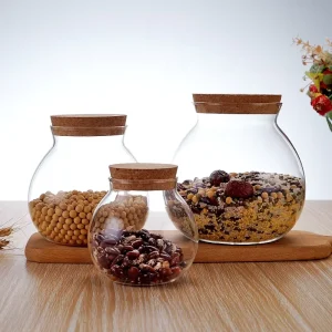 Multiple Sizes Glass Container Transparent Eco Friendly High Borosilicate Ball Shape Food Glass Jar With Cork Lid