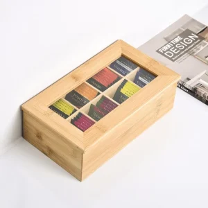 Natural Bamboo 8 Compartments Clear Window Lid Brass Hinge Tea Bag Coffee Capsule Kitchen Office Handcrafted Storage Box